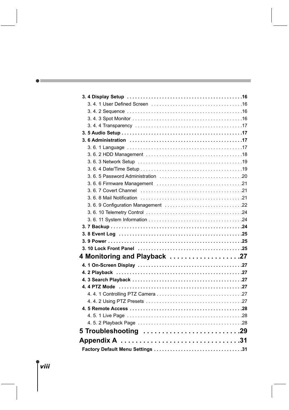 4 monitoring and playback, 5 troubleshooting appendix a | CBC ZR-DH921NP User Manual | Page 8 / 51