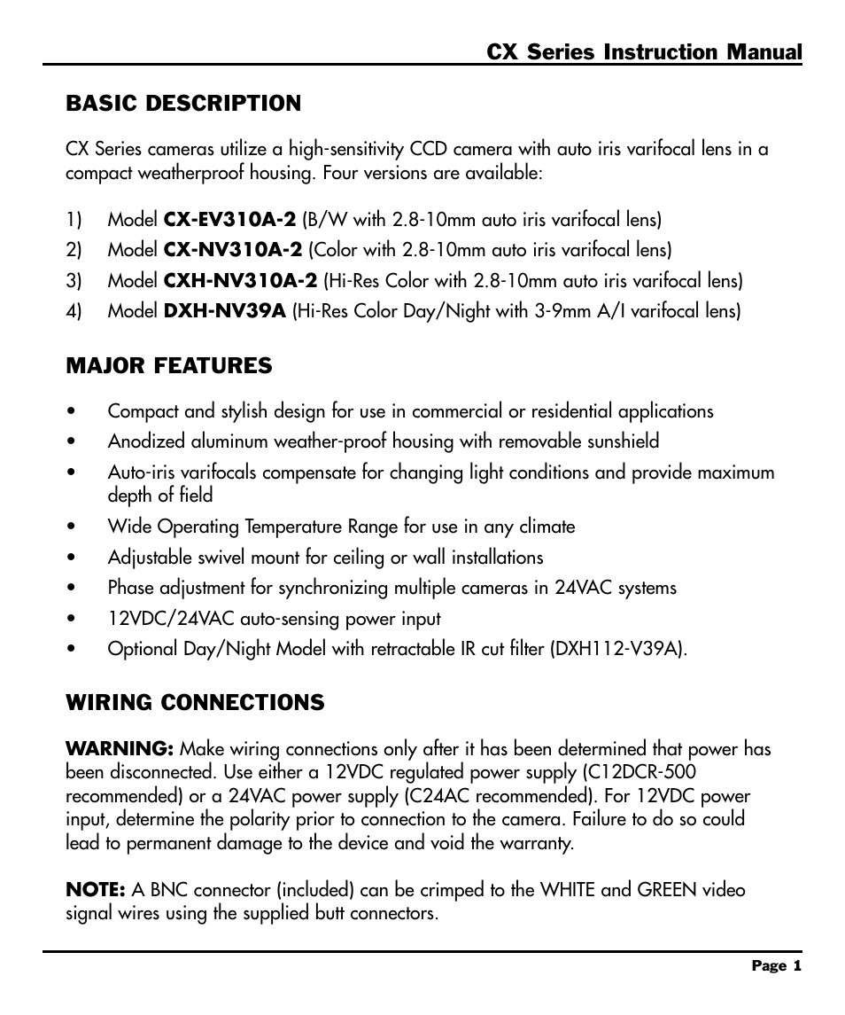 Basic description, Major features, Wiring connections | CBC CX Series User Manual | Page 3 / 12