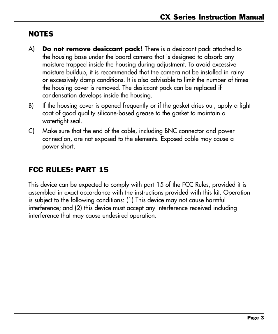 Notes, Fcc rules: part 15 | CBC CX Series User Manual | Page 5 / 12