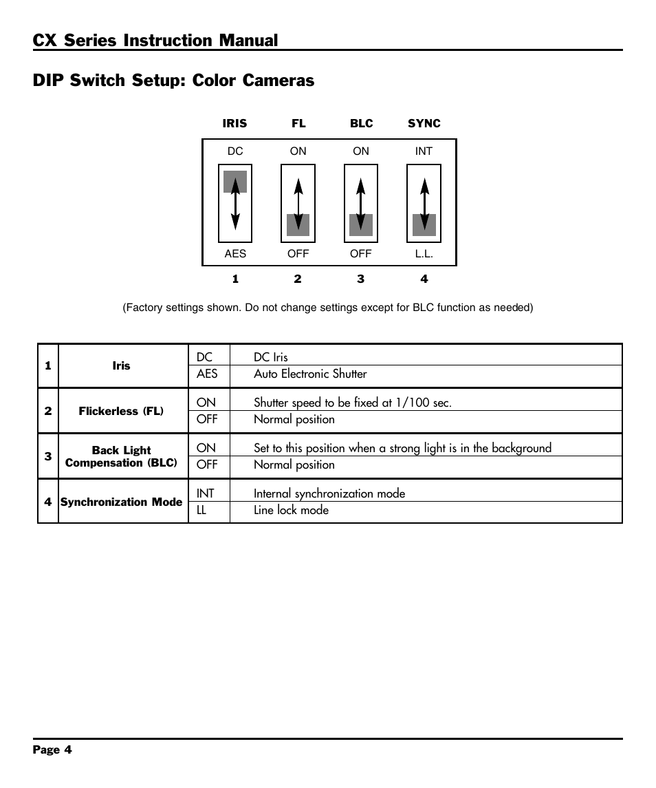 Dip switch setup: color came, Dip switch setup: color cameras, Cx series instruction manual | CBC CX Series User Manual | Page 6 / 12