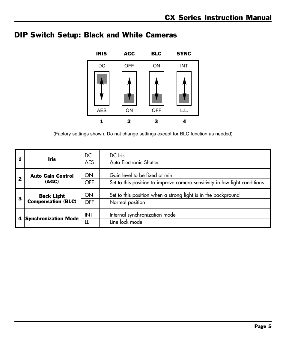 Dip switch setup: black and, Dip switch setup: black and white cameras, Cx series instruction manual | CBC CX Series User Manual | Page 7 / 12