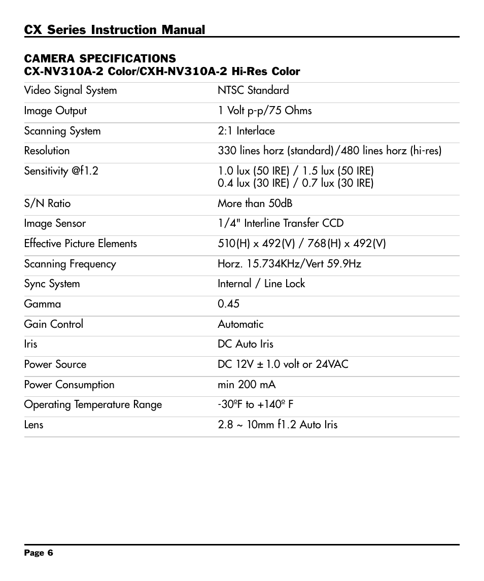 Camera specificationscx-nv3, Camera specifications, Cx-nv310a-2 color/cxh-nv310a-2 hi-res color | CBC CX Series User Manual | Page 8 / 12