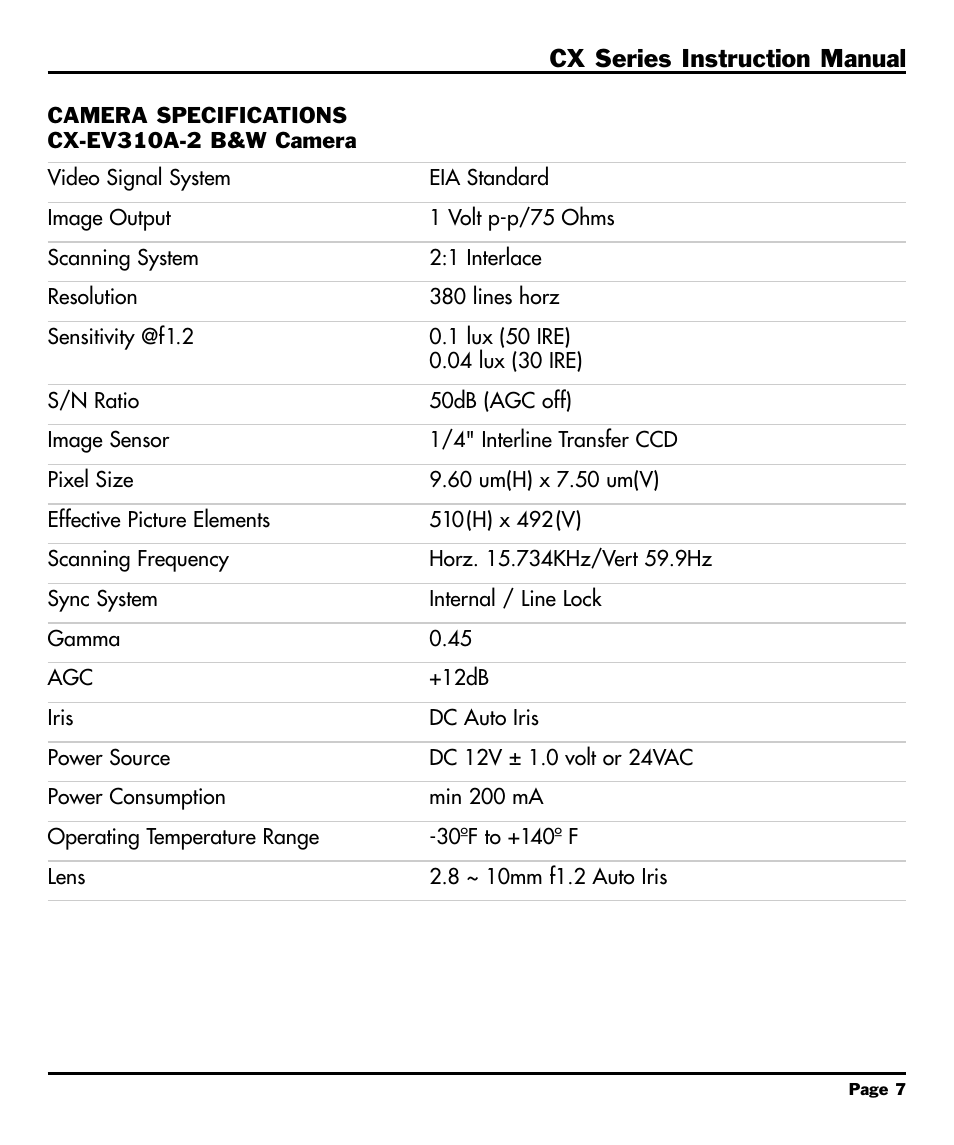 Camera specificationscx-ev3, Camera specifications, Cx-ev310a-2 b&w camera | CBC CX Series User Manual | Page 9 / 12