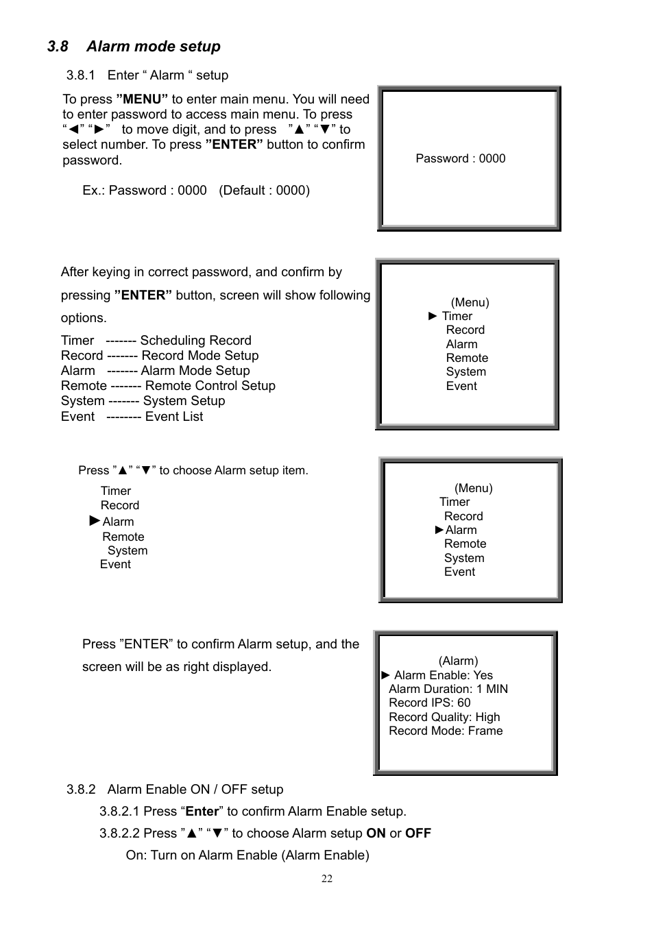 Alarm mode setup, 8 alarm mode setup | CBC V 0.1 User Manual | Page 22 / 35