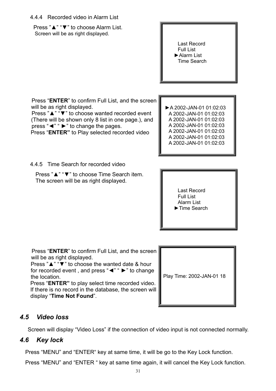 Video loss, Key lock, 5 video loss | 6 key lock | CBC V 0.1 User Manual | Page 31 / 35