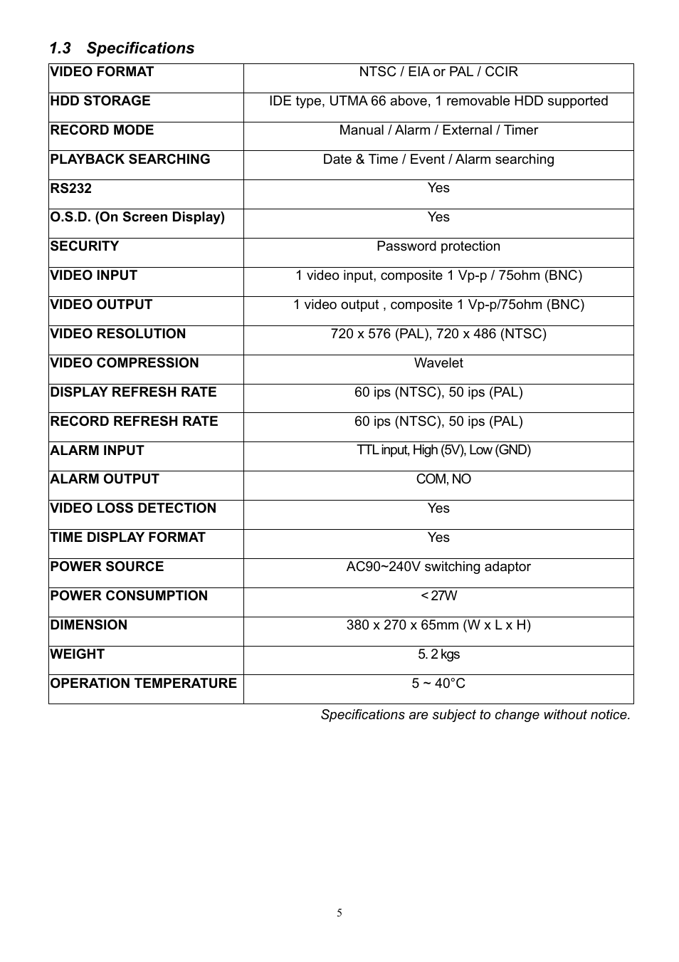 Specifications | CBC V 0.1 User Manual | Page 5 / 35