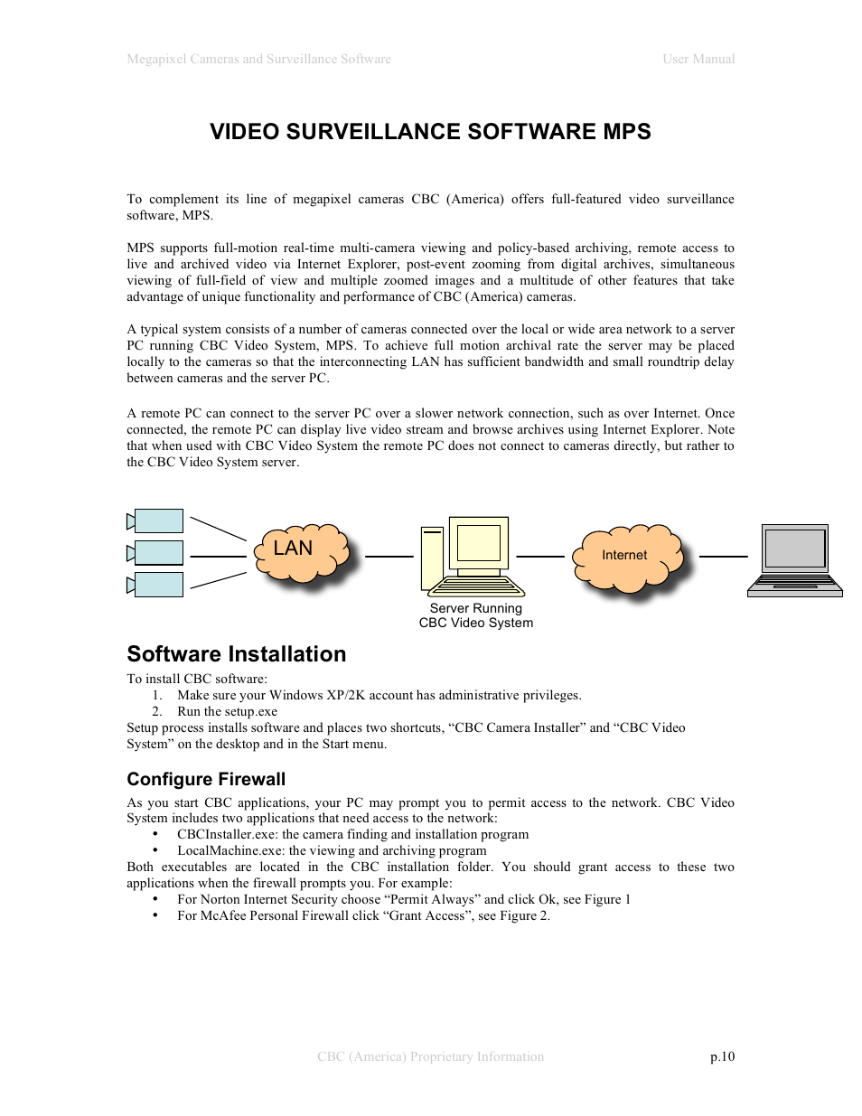 Video surveillance software mps, Software installation, Configure firewall | CBC Megapixel Camera User Manual | Page 10 / 41