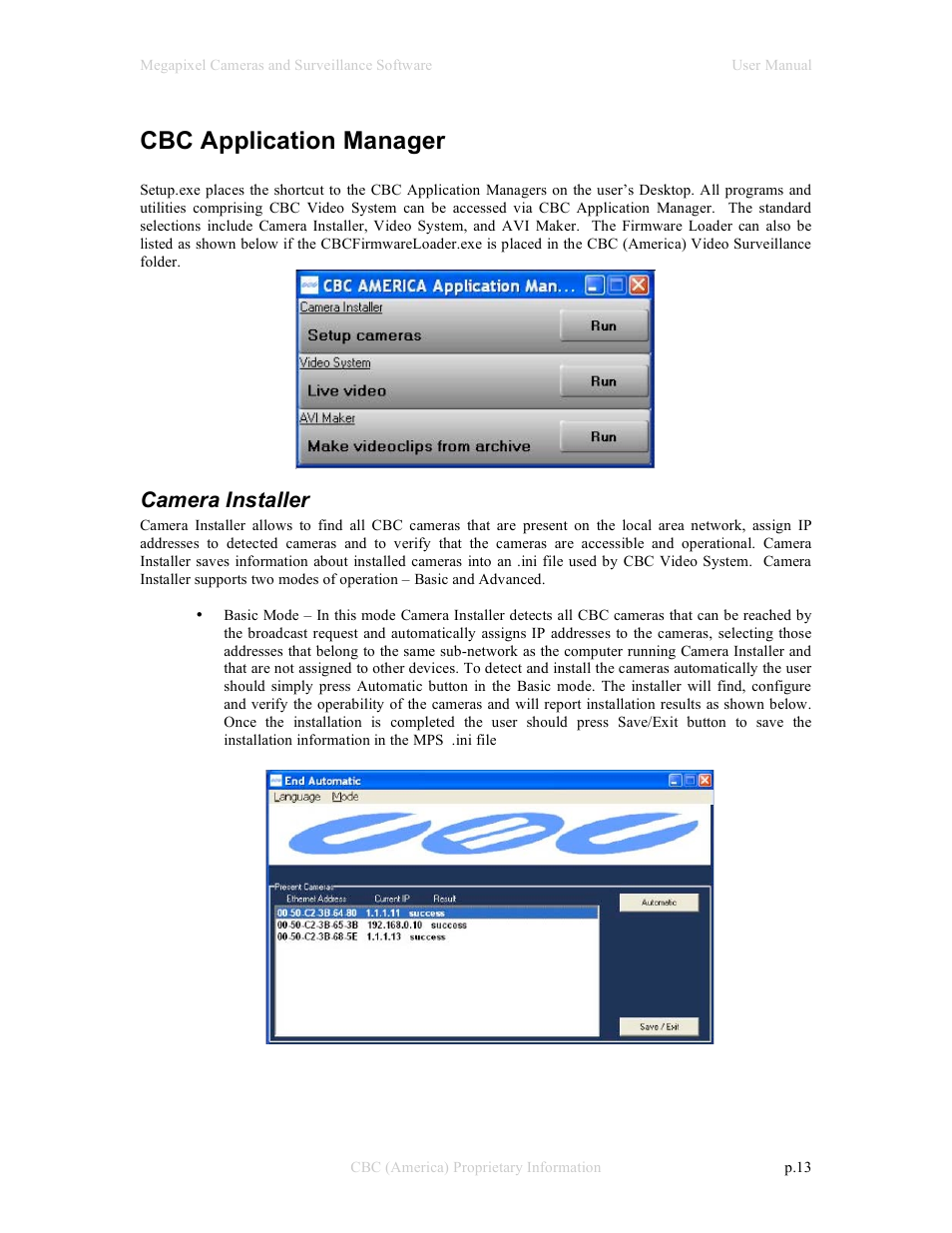 Cbc application manager, Camera installer | CBC Megapixel Camera User Manual | Page 13 / 41