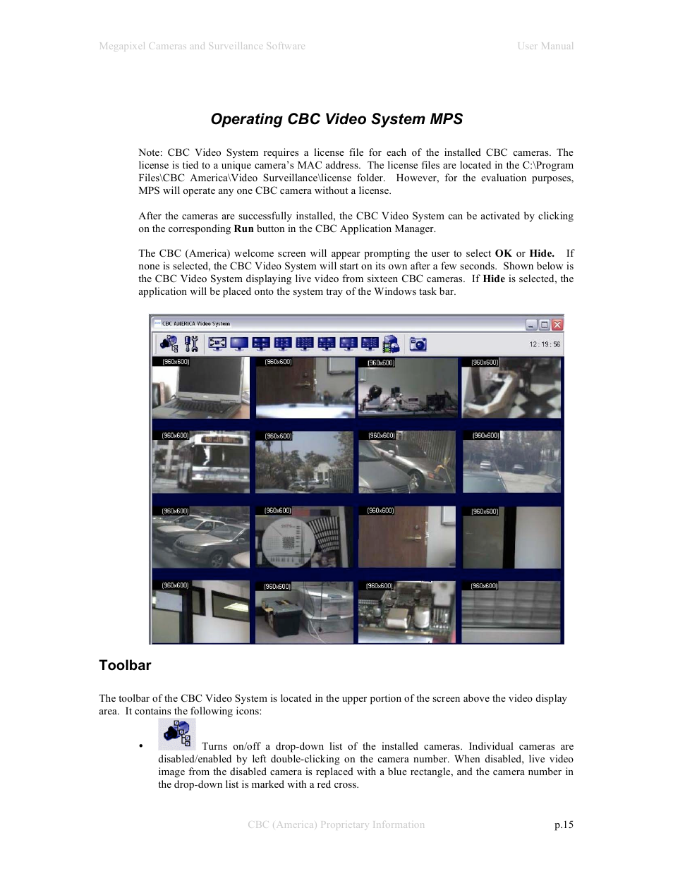 Operating cbc video system mps, Toolbar | CBC Megapixel Camera User Manual | Page 15 / 41