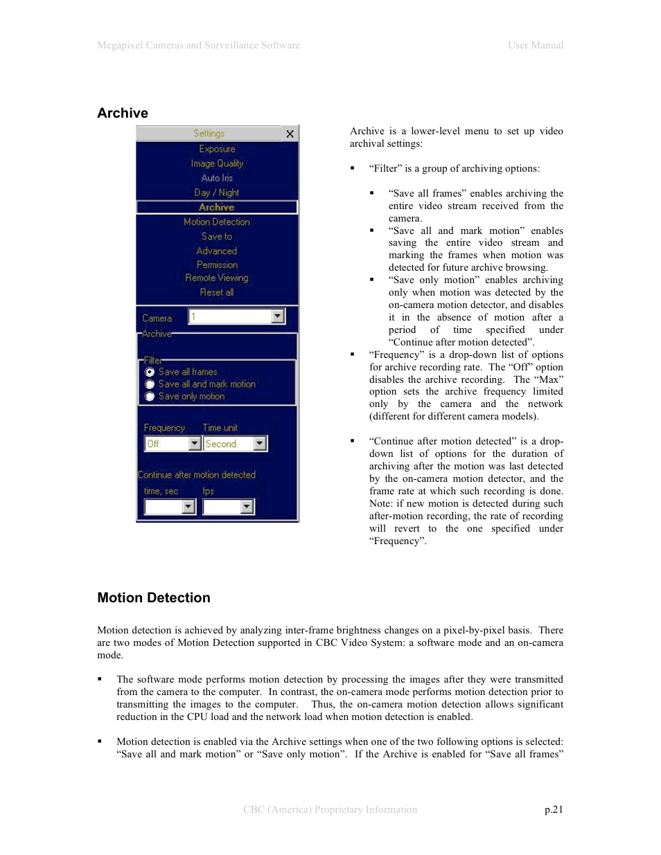 Archive, Motion detection | CBC Megapixel Camera User Manual | Page 21 / 41