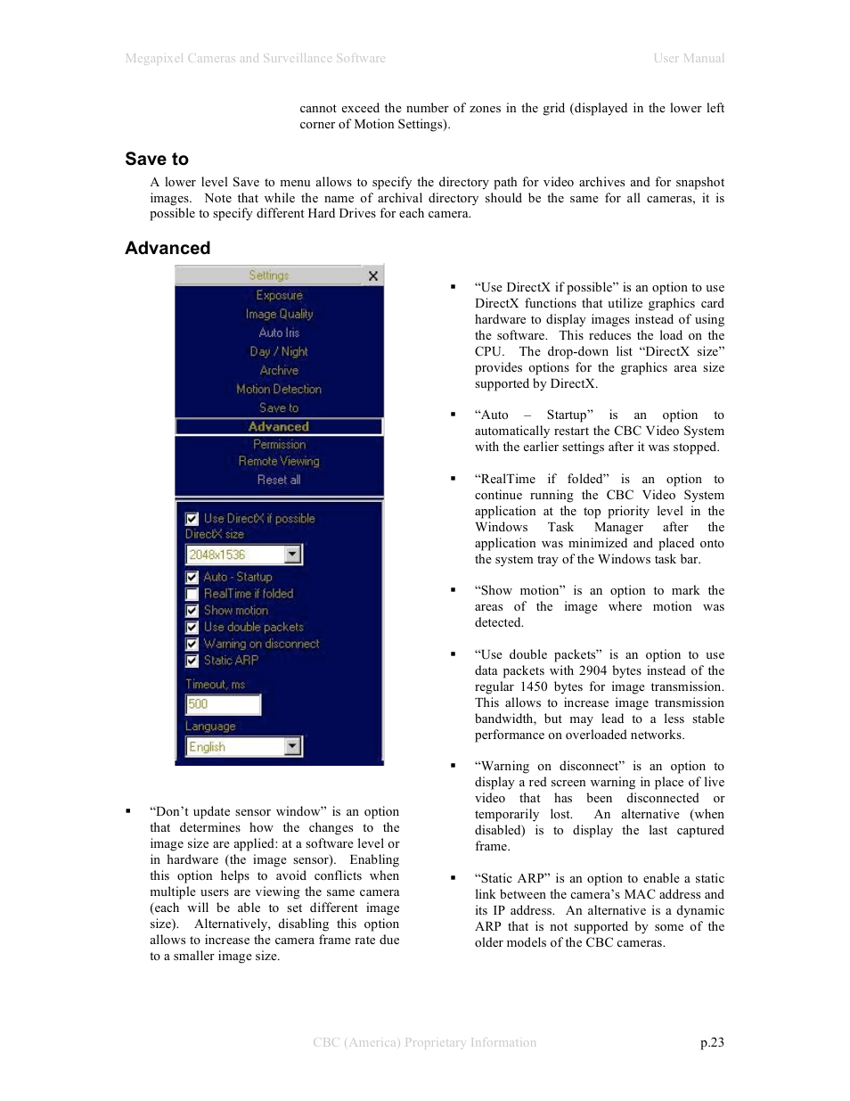 Save to, Advanced | CBC Megapixel Camera User Manual | Page 23 / 41