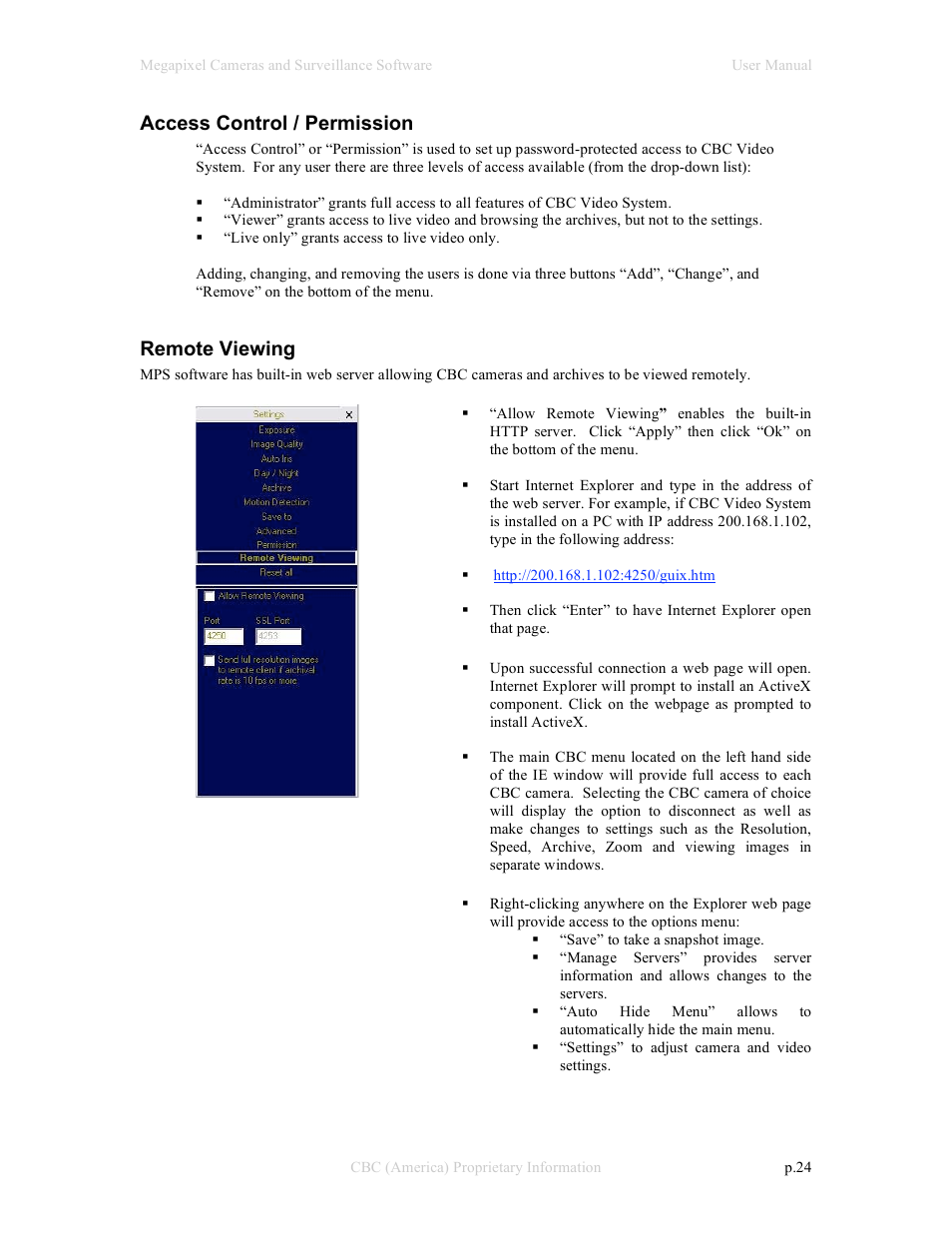 Access control / permission, Remote viewing | CBC Megapixel Camera User Manual | Page 24 / 41