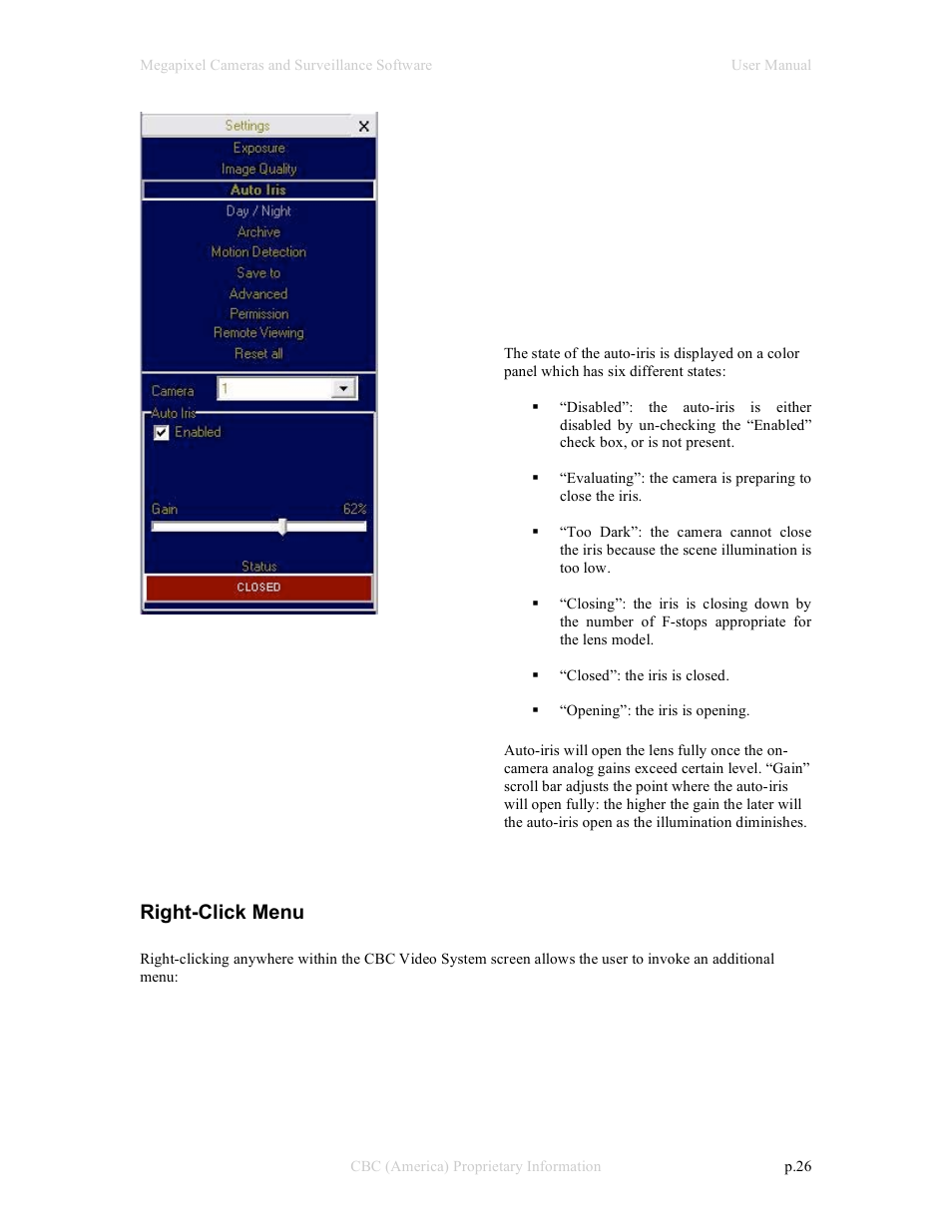 Right-click menu | CBC Megapixel Camera User Manual | Page 26 / 41