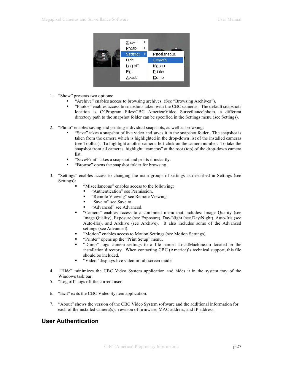 User authentication | CBC Megapixel Camera User Manual | Page 27 / 41