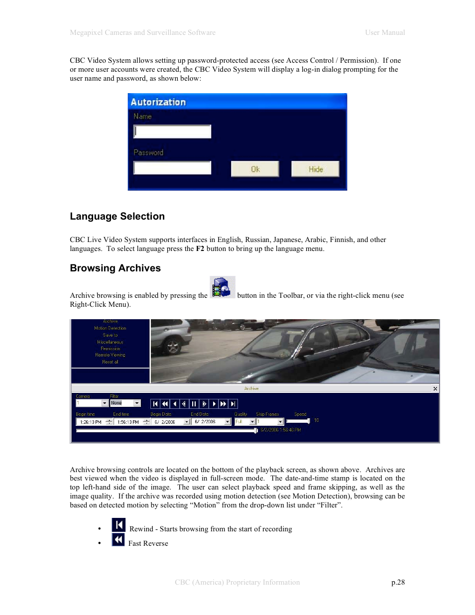 Language selection, Browsing archives | CBC Megapixel Camera User Manual | Page 28 / 41