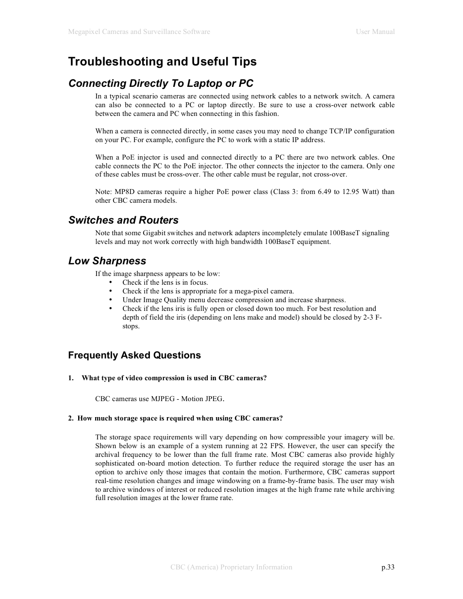 Troubleshooting and useful tips, Connecting directly to laptop or pc, Switches and routers | Low sharpness, Frequently asked questions | CBC Megapixel Camera User Manual | Page 33 / 41