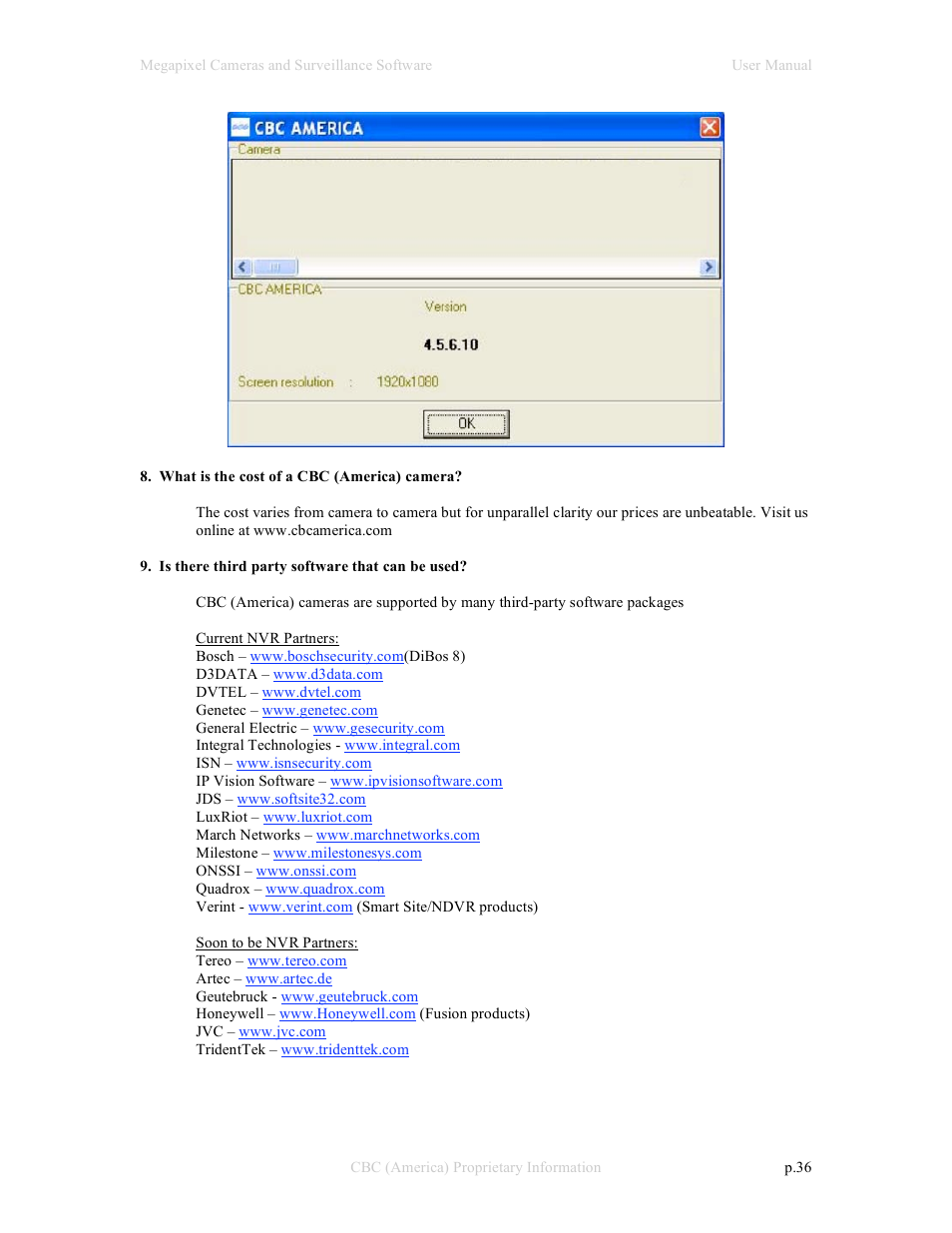 CBC Megapixel Camera User Manual | Page 36 / 41