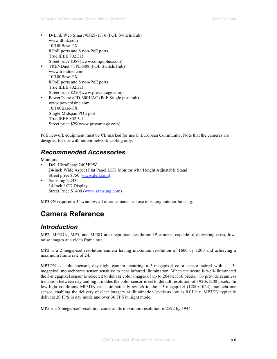 Camera reference, Recommended accessories, Introduction | CBC Megapixel Camera User Manual | Page 6 / 41