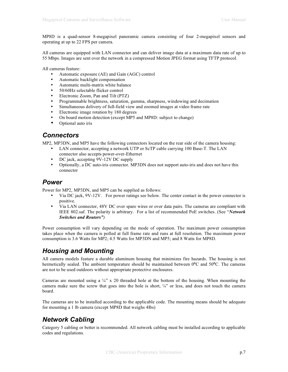 Connectors, Power, Housing and mounting | Network cabling | CBC Megapixel Camera User Manual | Page 7 / 41