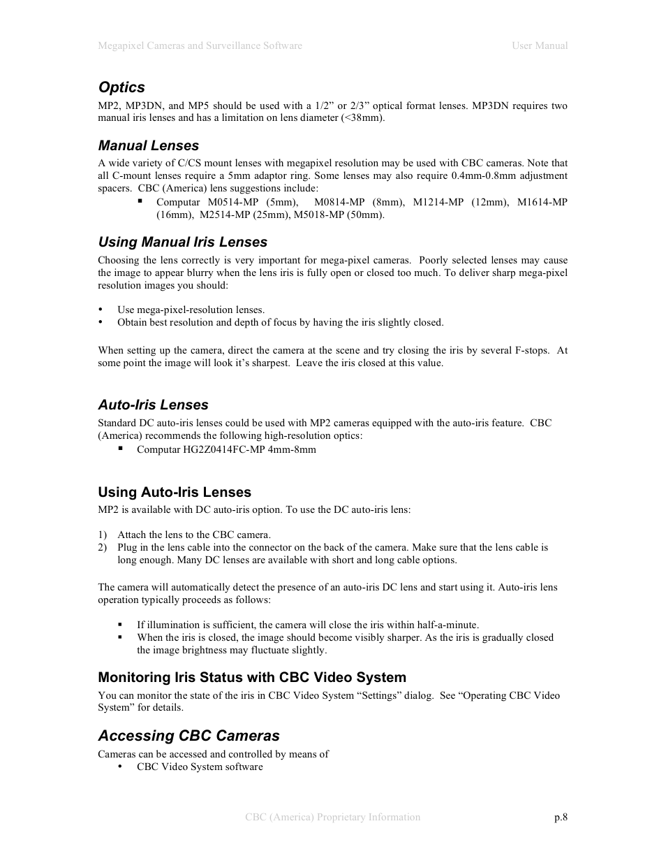 Optics, Accessing cbc cameras | CBC Megapixel Camera User Manual | Page 8 / 41
