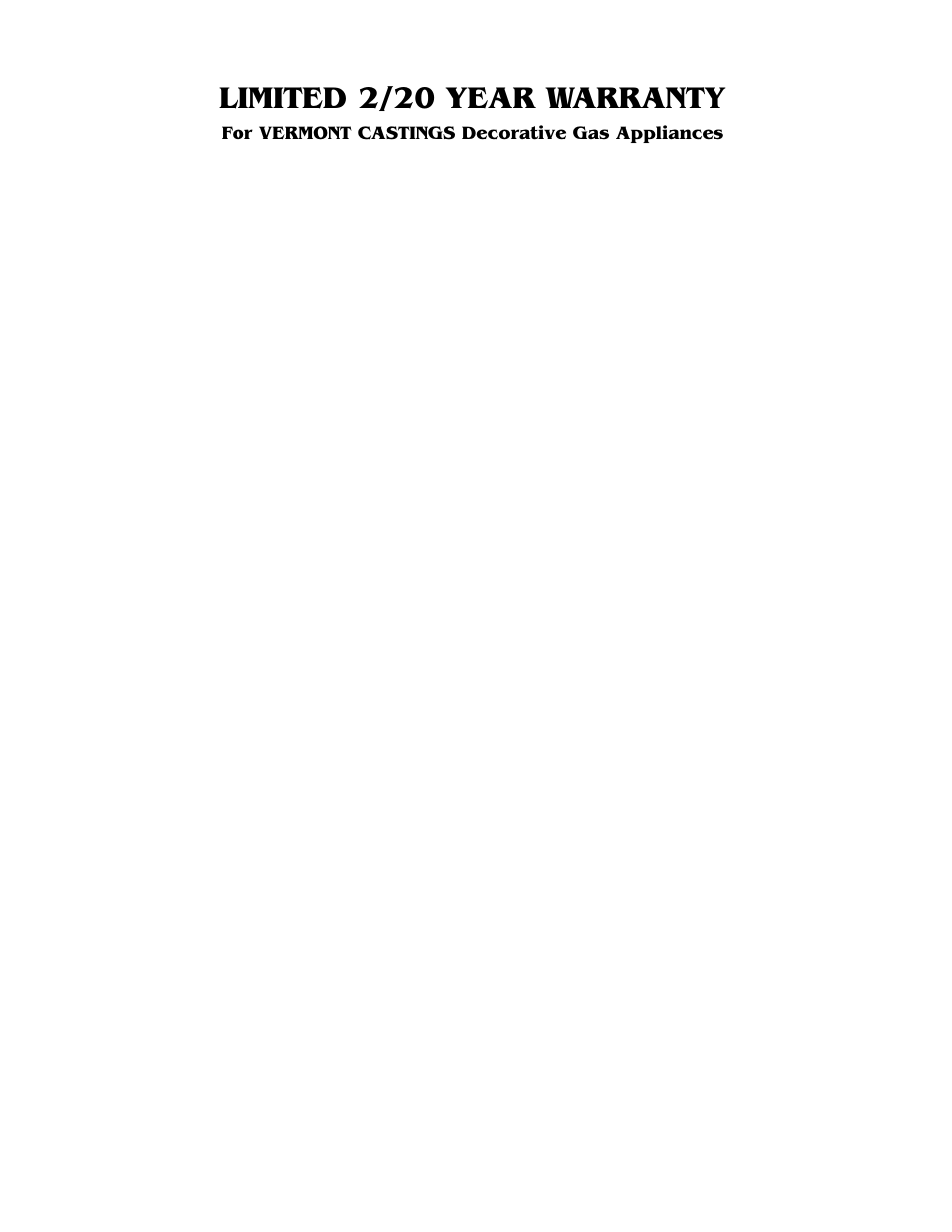 Limited 2/20 year warranty | Vermont Casting R30CFL User Manual | Page 13 / 14