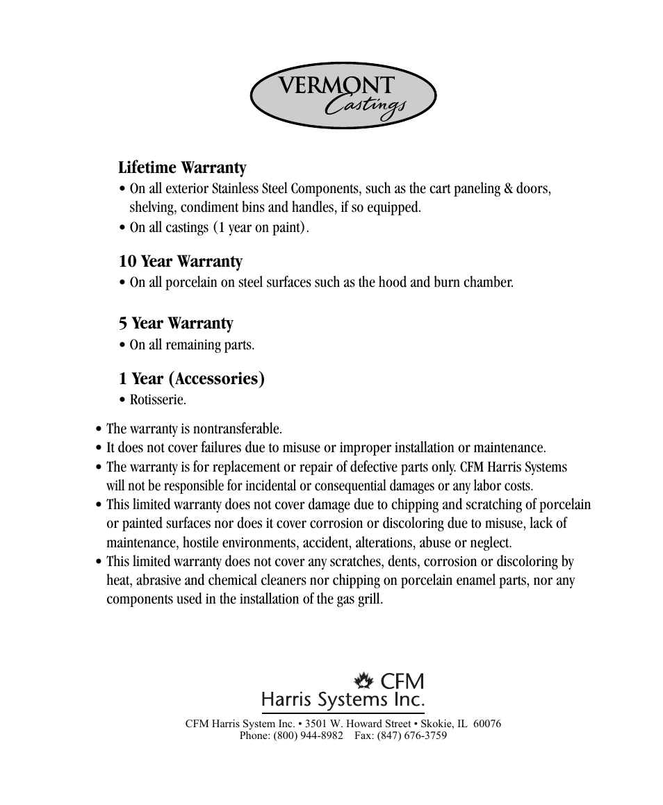 Lifetime warranty, 10 year warranty, 5 year warranty | 1 year (accessories) | Vermont Casting CF9055 User Manual | Page 31 / 31