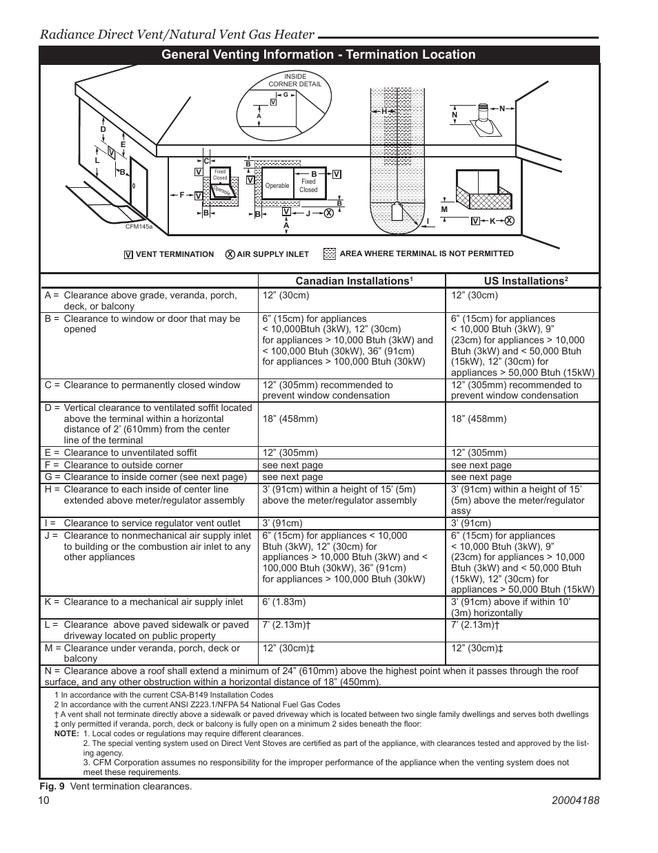 Radiance direct vent/natural vent gas heater, General venting information - termination location | Vermont Casting 3390  EN User Manual | Page 10 / 44