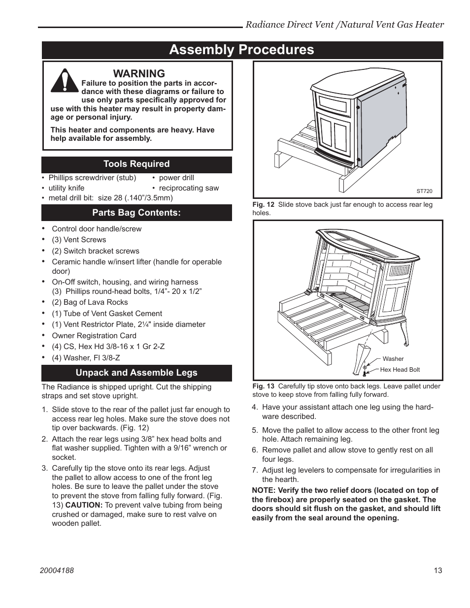 Assembly procedures, Warning | Vermont Casting 3390  EN User Manual | Page 13 / 44