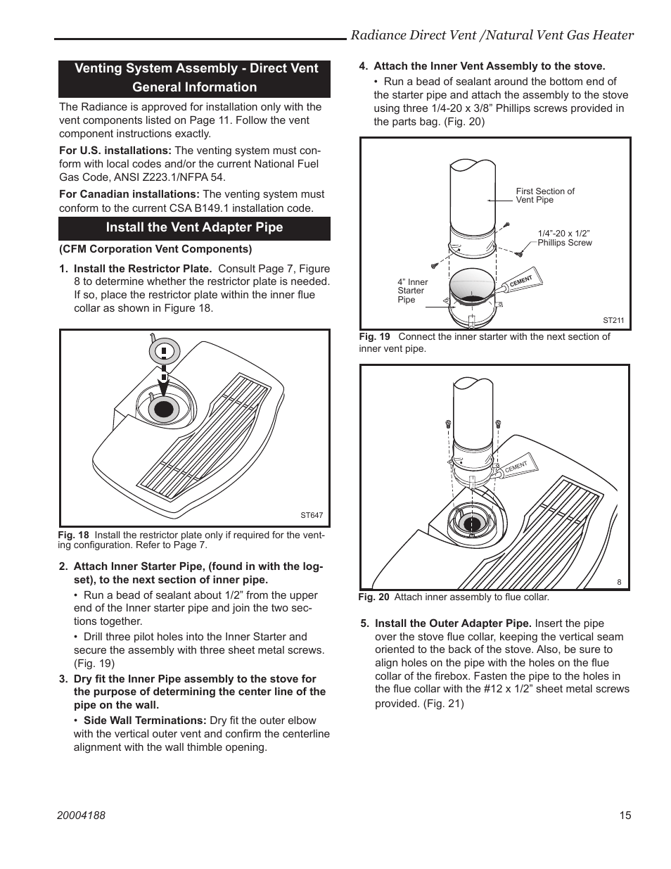 Radiance direct vent /natural vent gas heater, Install the vent adapter pipe | Vermont Casting 3390  EN User Manual | Page 15 / 44