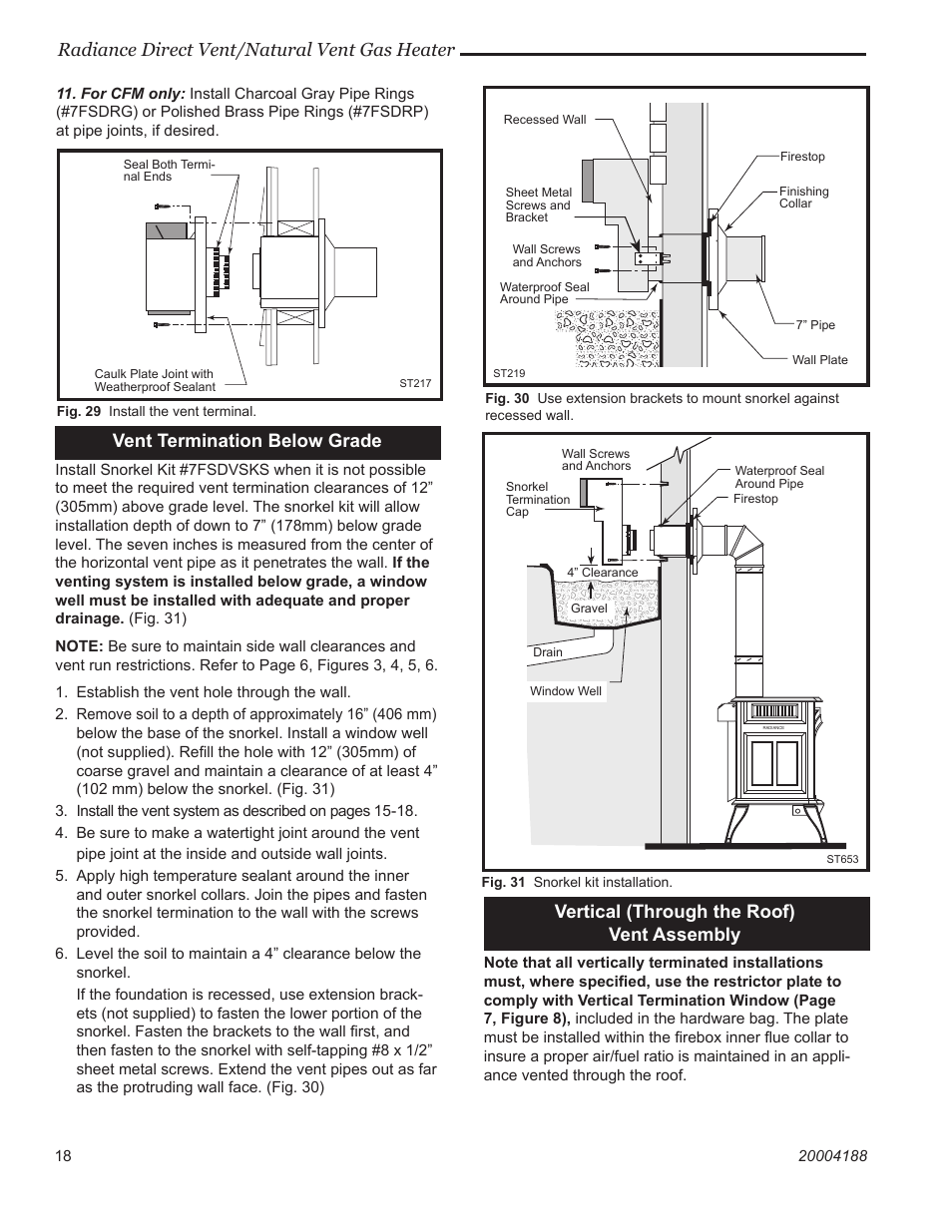 Radiance direct vent/natural vent gas heater, Vertical (through the roof) vent assembly, Vent termination below grade | Vermont Casting 3390  EN User Manual | Page 18 / 44