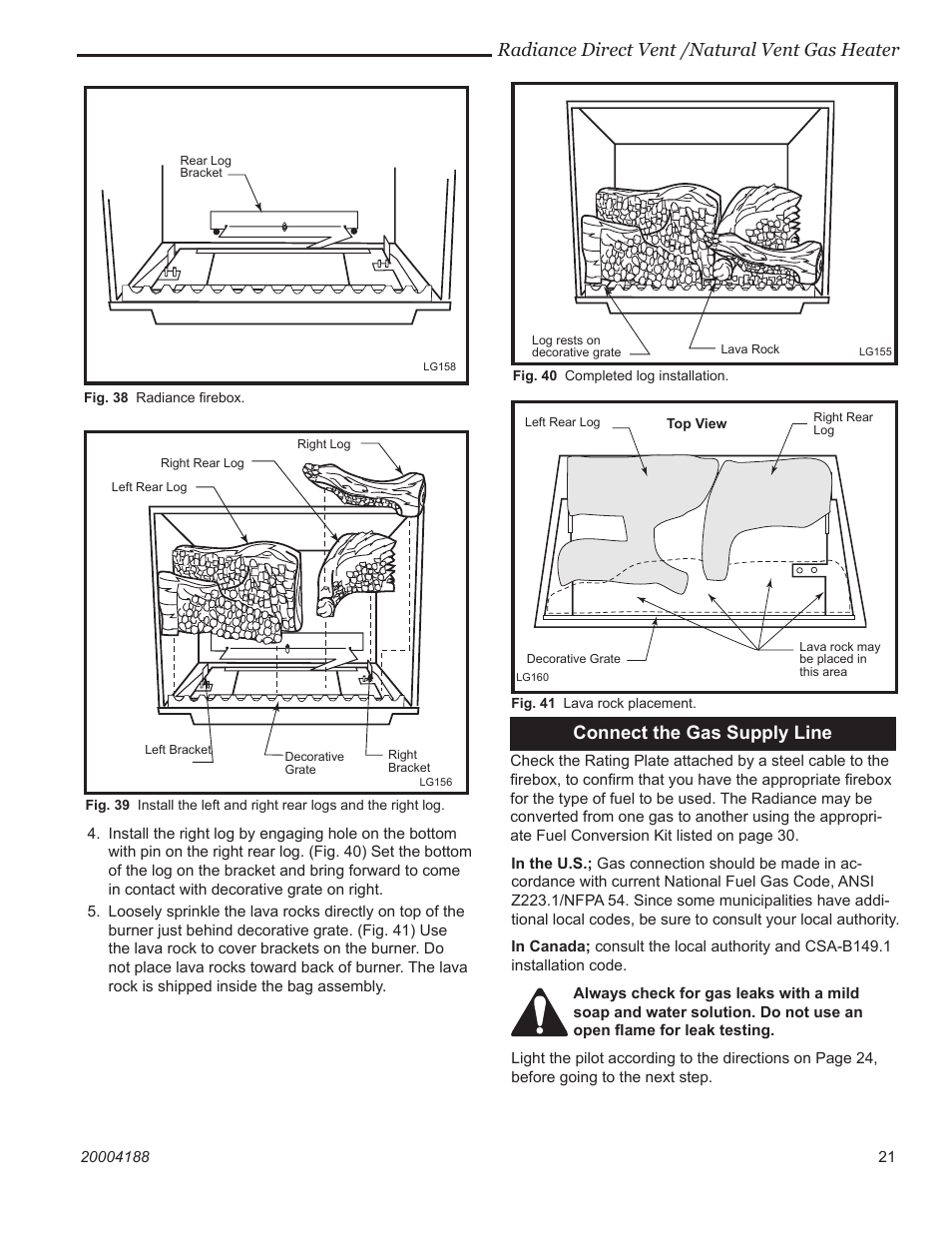 Radiance direct vent /natural vent gas heater, Connect the gas supply line | Vermont Casting 3390  EN User Manual | Page 21 / 44