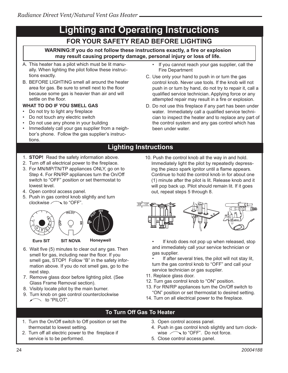 Lighting and operating instructions, For your safety read before lighting, Lighting instructions | Radiance direct vent/natural vent gas heater | Vermont Casting 3390  EN User Manual | Page 24 / 44