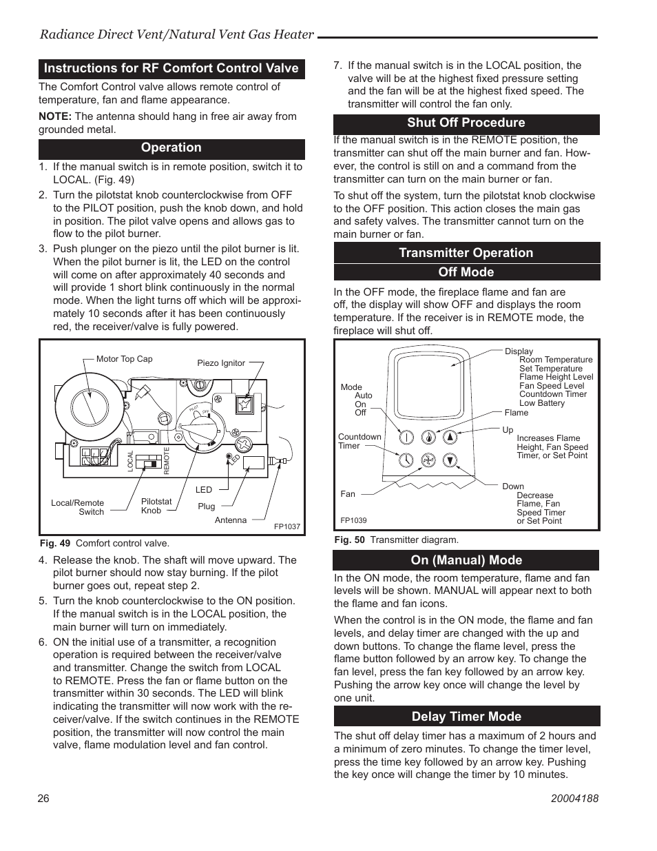 Radiance direct vent/natural vent gas heater, Instructions for rf comfort control valve, Operation | Shut off procedure, Transmitter operation off mode, On (manual) mode, Delay timer mode | Vermont Casting 3390  EN User Manual | Page 26 / 44