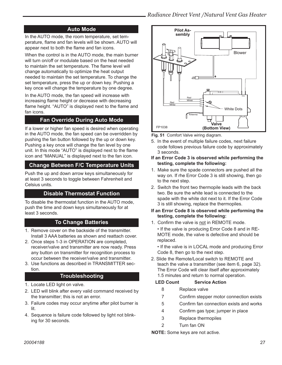 Radiance direct vent /natural vent gas heater, Auto mode, Fan override during auto mode | Change between f/c temperature units, Disable thermostat function, Troubleshooting | Vermont Casting 3390  EN User Manual | Page 27 / 44