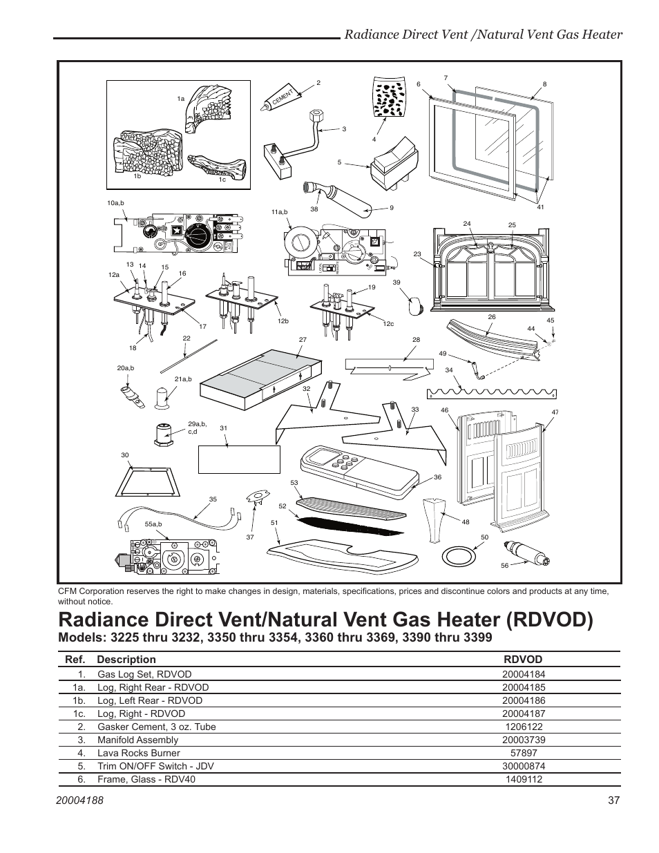 Radiance direct vent /natural vent gas heater, Ref. description rdvod | Vermont Casting 3390  EN User Manual | Page 37 / 44