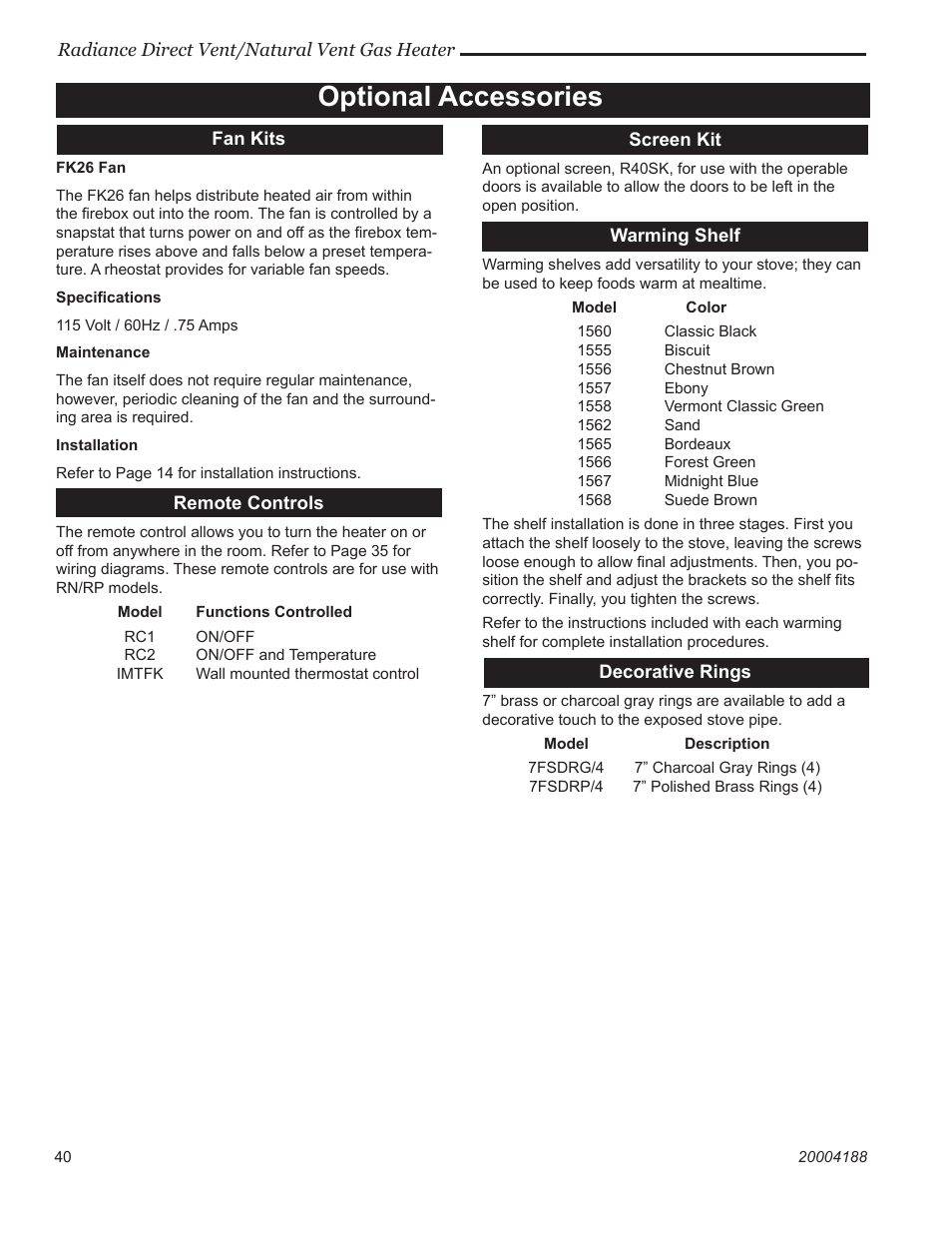 Optional accessories | Vermont Casting 3390  EN User Manual | Page 40 / 44