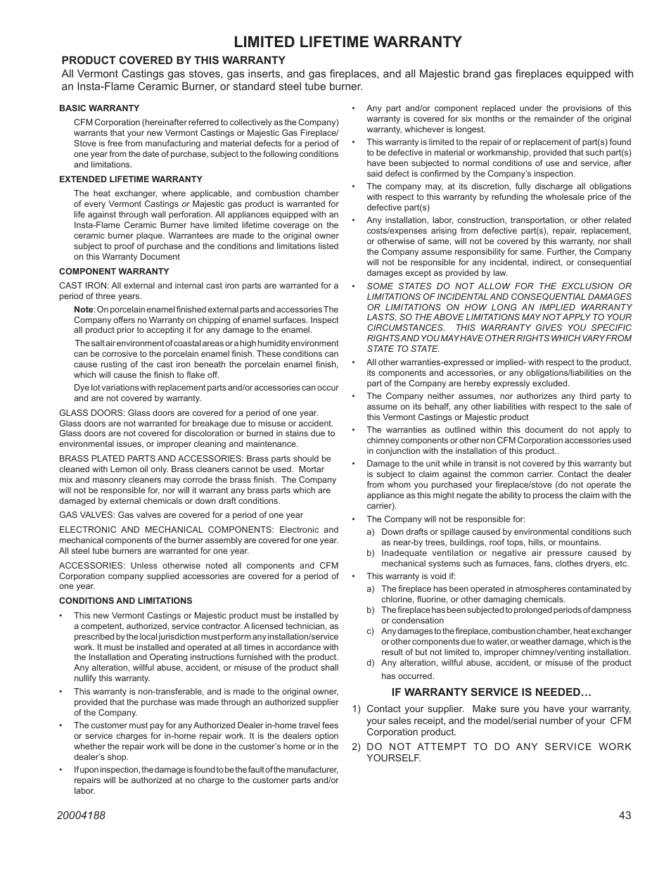 Limited lifetime warranty, Radiance direct vent /natural vent gas heater | Vermont Casting 3390  EN User Manual | Page 43 / 44