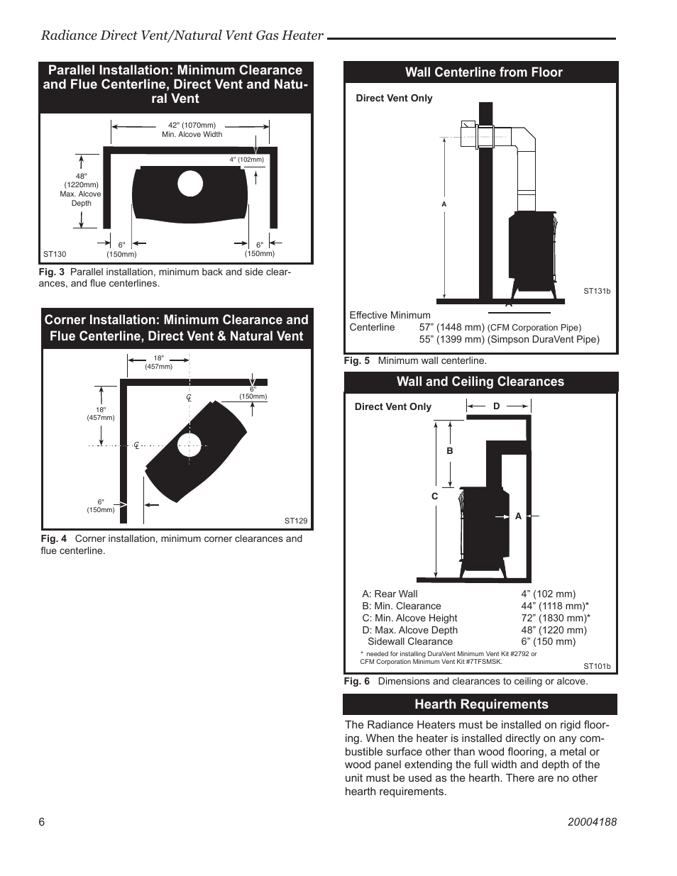 Radiance direct vent/natural vent gas heater, Wall centerline from floor, Hearth requirements | Wall and ceiling clearances | Vermont Casting 3390  EN User Manual | Page 6 / 44