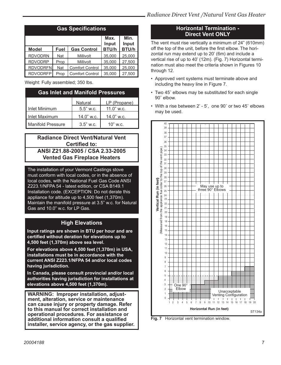 Radiance direct vent /natural vent gas heater, Gas inlet and manifold pressures, High elevations | Horizontal termination - direct vent only | Vermont Casting 3390  EN User Manual | Page 7 / 44