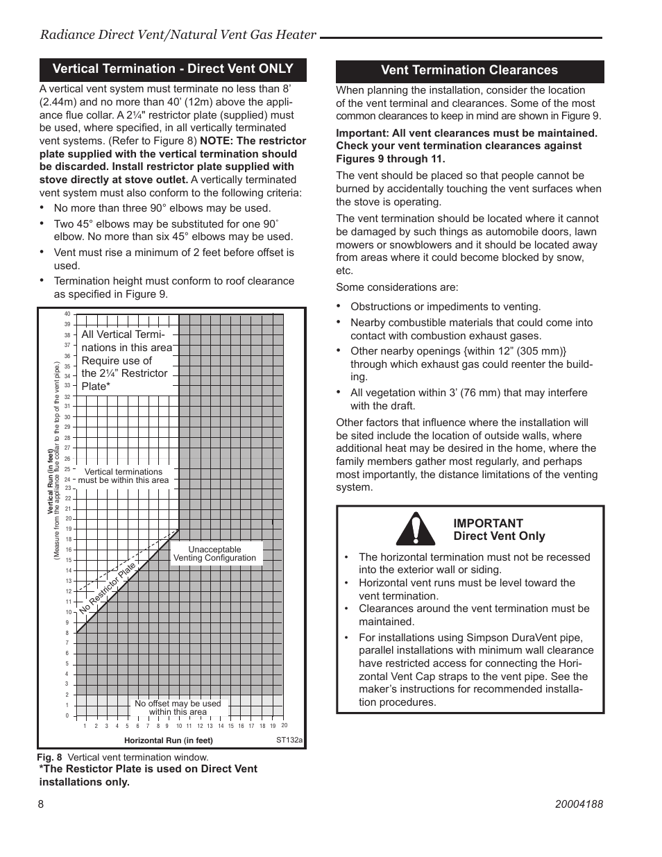 Radiance direct vent/natural vent gas heater, Vent termination clearances, Vertical termination - direct vent only | Important direct vent only | Vermont Casting 3390  EN User Manual | Page 8 / 44
