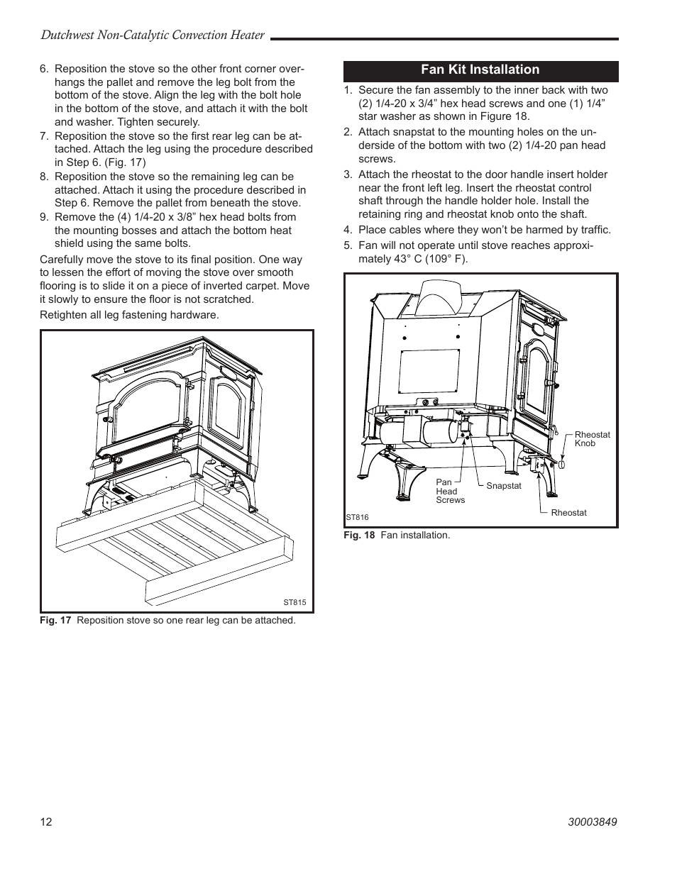 Dutchwest non-catalytic convection heater, Fan kit installation | Vermont Casting Non-Catalytic Convection Heater 2477CE User Manual | Page 12 / 28