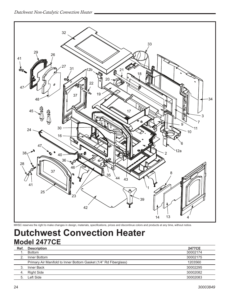 Dutchwest convection heater, Model 2477ce | Vermont Casting Non-Catalytic Convection Heater 2477CE User Manual | Page 24 / 28
