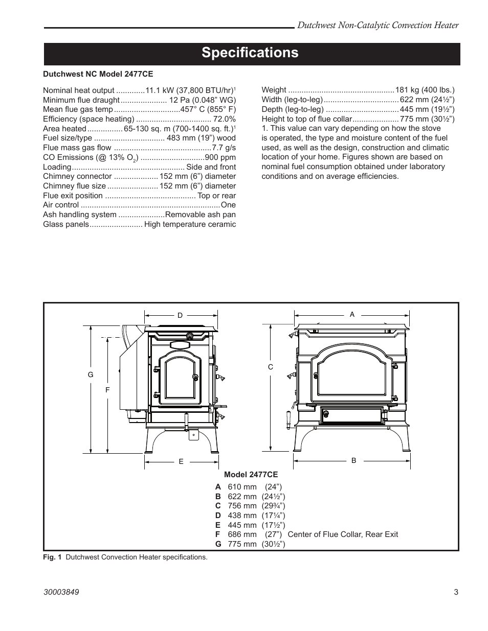 Speciﬁcations | Vermont Casting Non-Catalytic Convection Heater 2477CE User Manual | Page 3 / 28