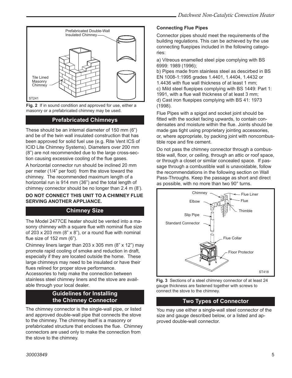Dutchwest non-catalytic convection heater, Prefabricated chimneys, Chimney size | Guidelines for installing the chimney connector, Two types of connector | Vermont Casting Non-Catalytic Convection Heater 2477CE User Manual | Page 5 / 28