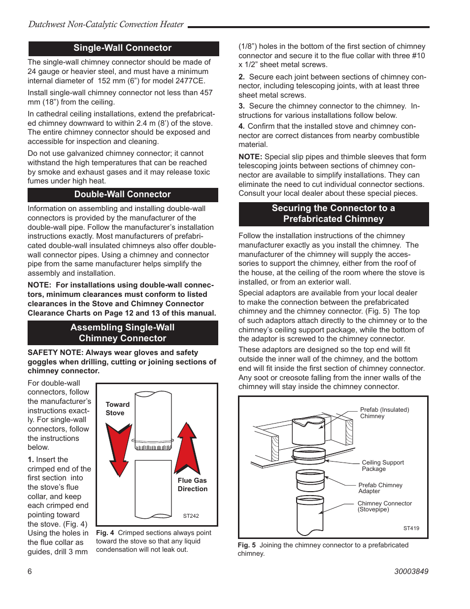 Dutchwest non-catalytic convection heater, Single-wall connector, Double-wall connector | Assembling single-wall chimney connector, Securing the connector to a prefabricated chimney | Vermont Casting Non-Catalytic Convection Heater 2477CE User Manual | Page 6 / 28