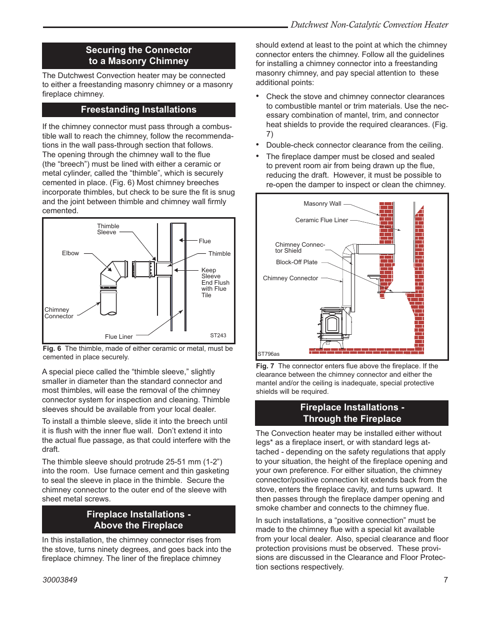 Dutchwest non-catalytic convection heater, Securing the connector to a masonry chimney, Freestanding installations | Fireplace installations - above the fireplace, Fireplace installations - through the fireplace | Vermont Casting Non-Catalytic Convection Heater 2477CE User Manual | Page 7 / 28