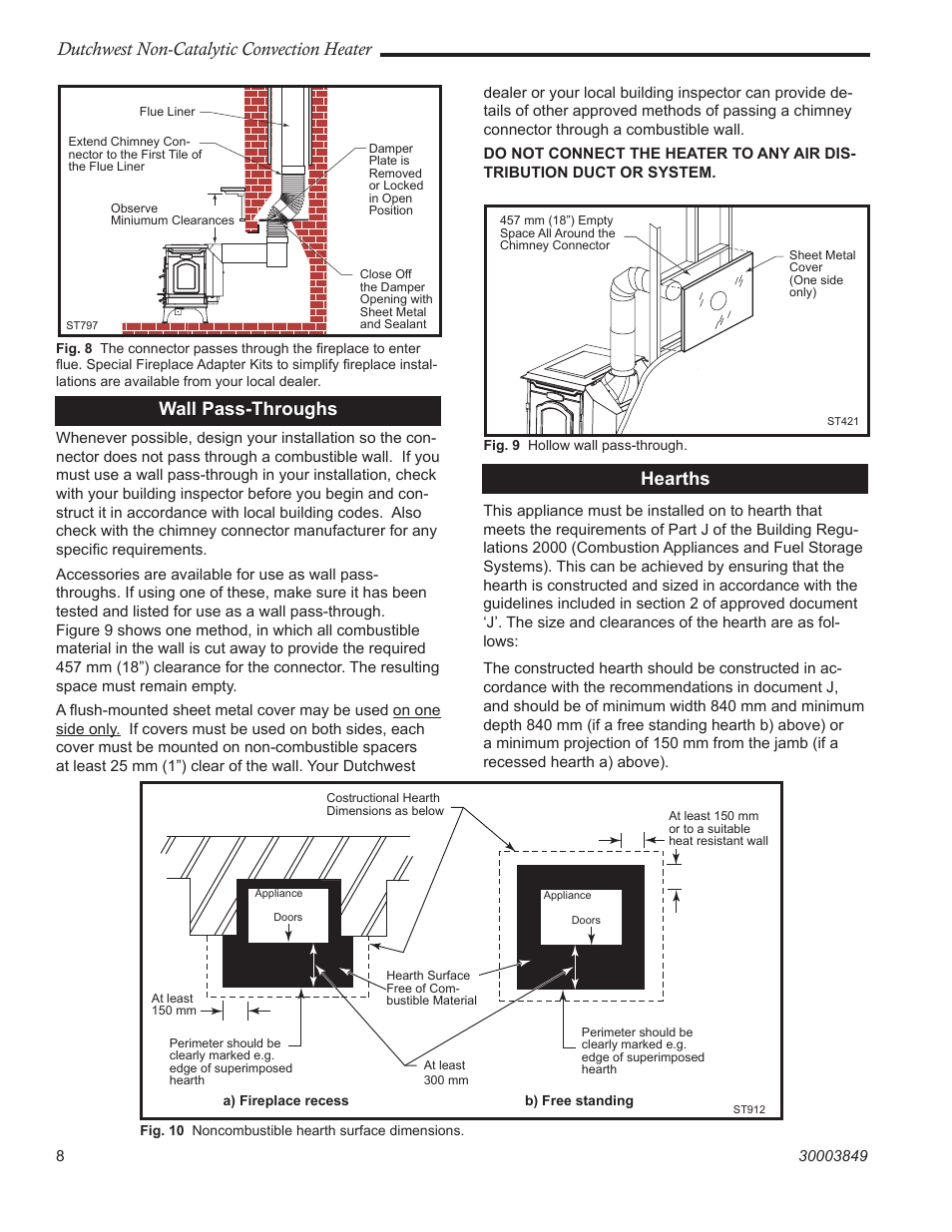 Dutchwest non-catalytic convection heater, Wall pass-throughs, Hearths | Vermont Casting Non-Catalytic Convection Heater 2477CE User Manual | Page 8 / 28