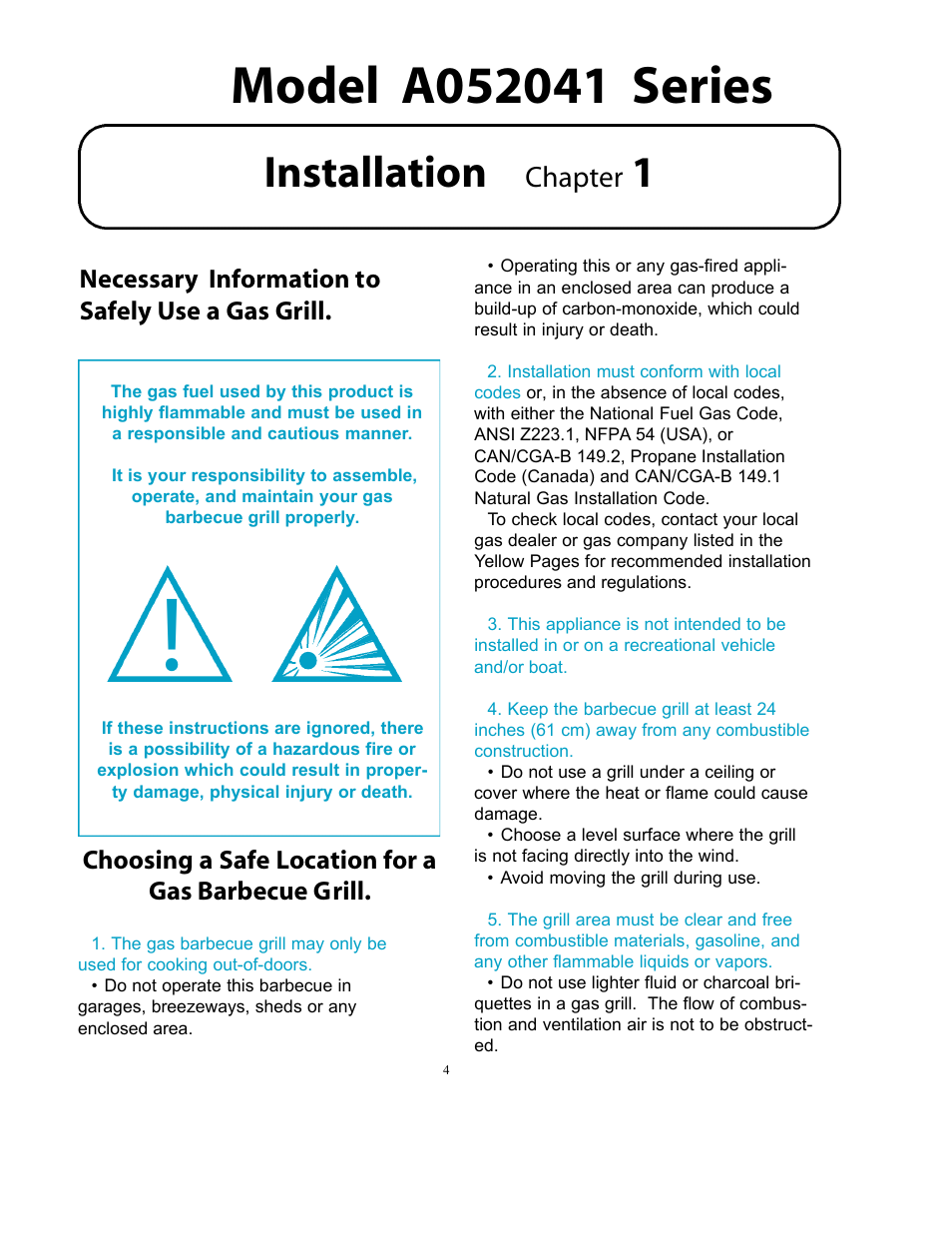 Installation, Chapter, Choosing a safe location for a gas barbecue grill | Necessary information to safely use a gas grill | Vermont Casting A052041 User Manual | Page 3 / 24