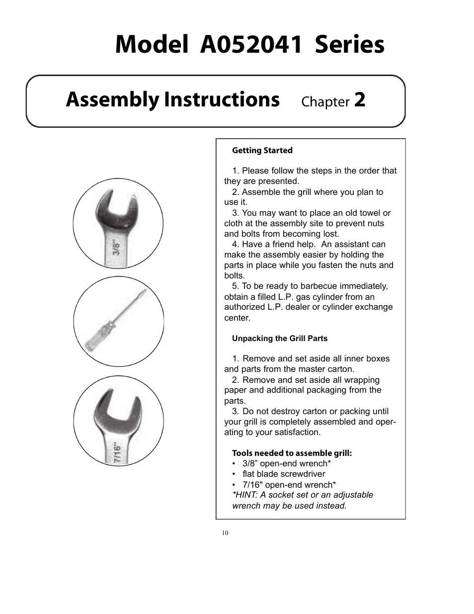 Assembly instructions, Chapter | Vermont Casting A052041 User Manual | Page 9 / 24