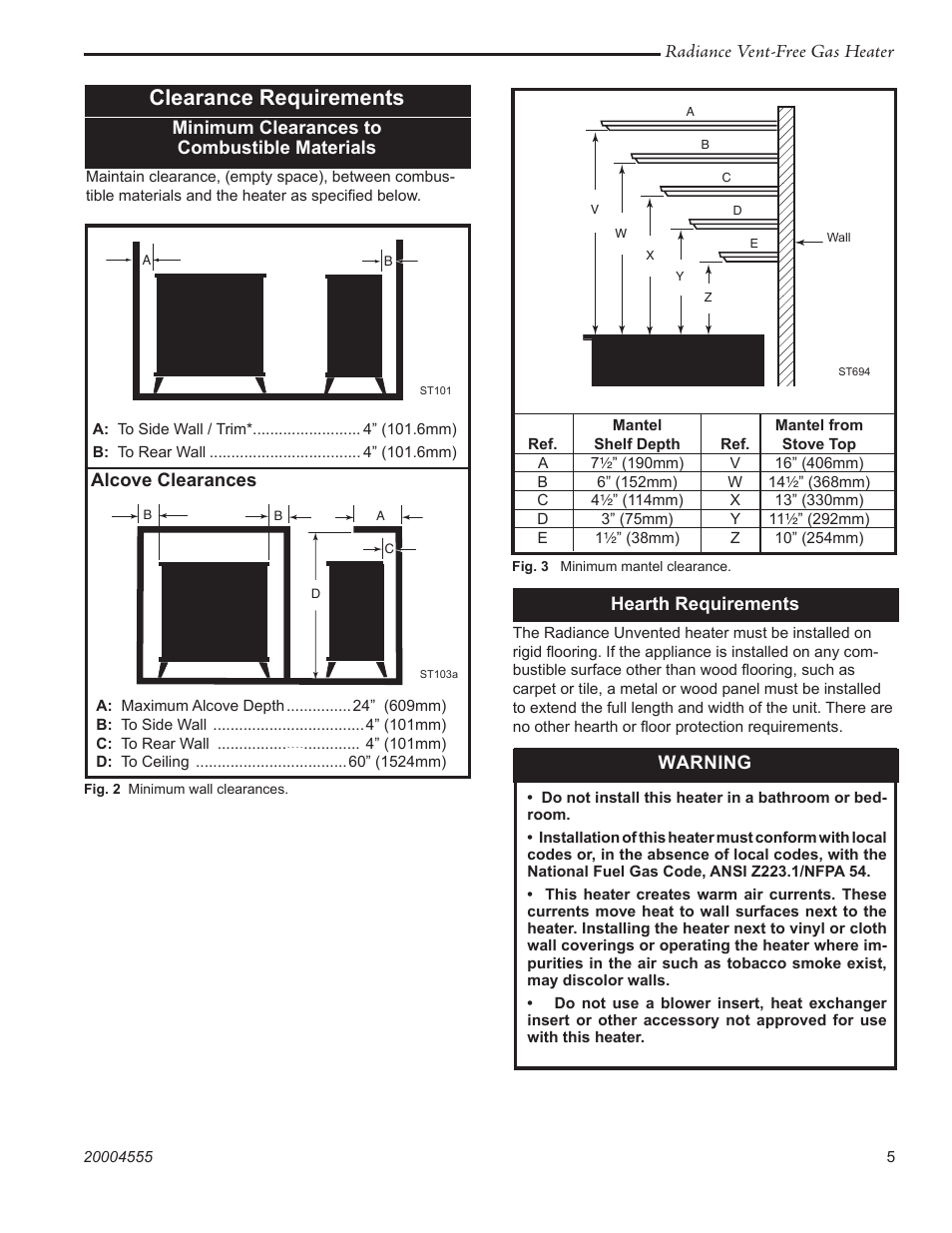 Clearance requirements, Radiance vent-free gas heater, Minimum clearances to combustible materials | Hearth requirements, Alcove clearances, Warning | Vermont Casting thru 3379 User Manual | Page 5 / 28